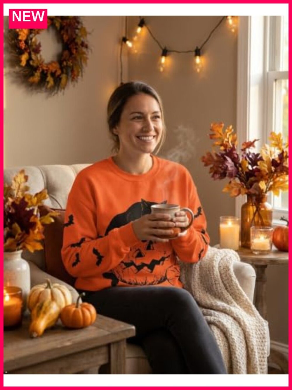 Cotton Polyester Halloween Black Cat Pumpkin Sweatshirt Women Lightweight - Picture 4 of 6